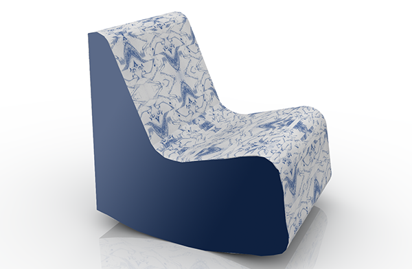 Computer image of upholstered chair with organic blue pattern