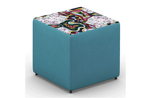 Computer image of upholstered stool with bright turquoise, pink and yellow pattern