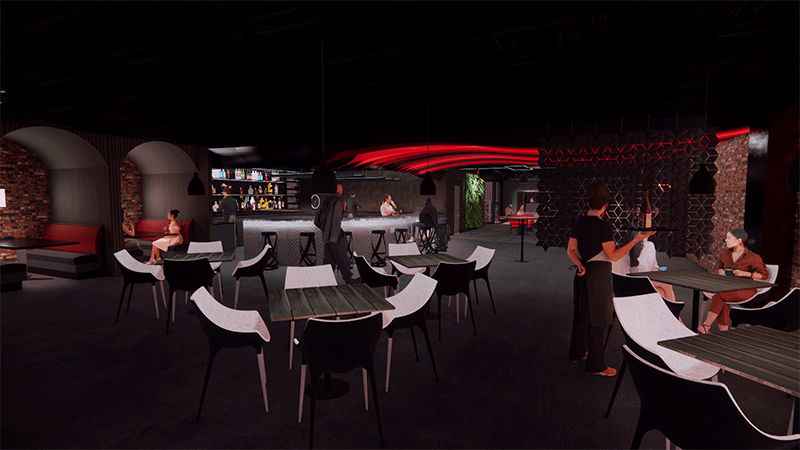 3D view of a bar showing patrons sitting at tables and in booths