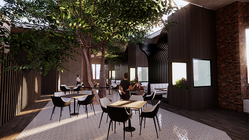 3D view of the dining area of a restaurant with a tree in the middle of the space