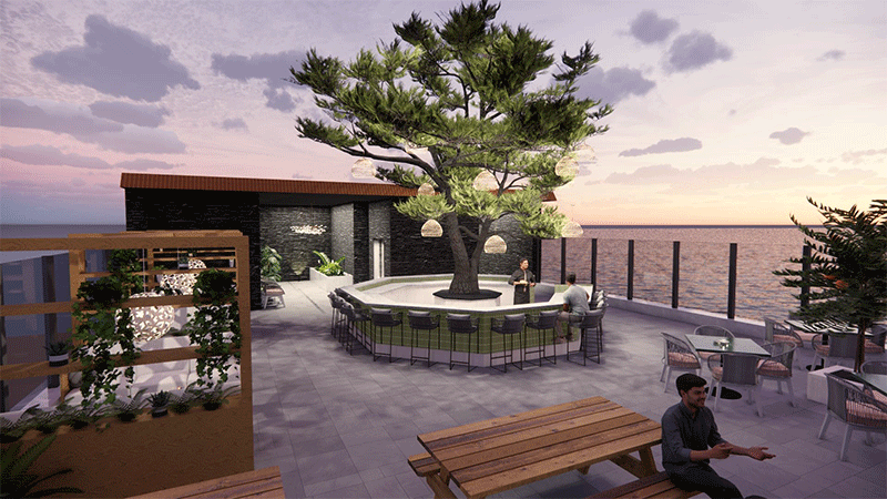 3D view of the rooftop bar of a restaurant on the water