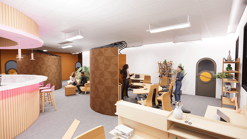 3D view of people interacting in a coworking space within a community center