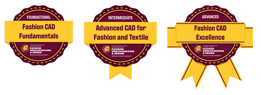 Three maroon and gold digital badges for fashion CAD skills