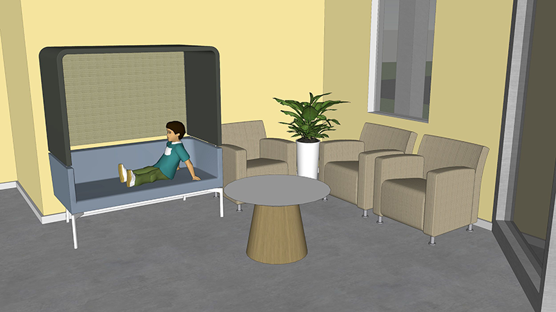 3D view of a waiting room in an autistic center showing a child