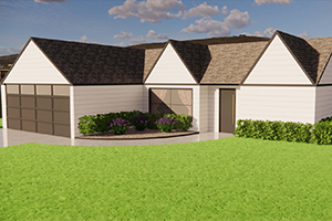 3D View of the exterior of a residential home, white and brown structure with green grass and green shrubs.