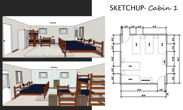 A digital mockup of a cabin layout on the left with a sketch of the cabin on the right.