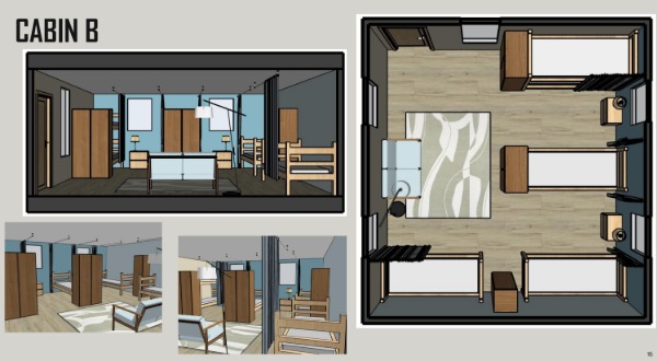 A digital mockup of Cabin B from different viewpoints and an aerial view.