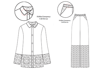 Black and white line drawing of two garments. One is a long sleeve jacket the other a pair of pants. Both have detailed images showing the location of adaptive devices.