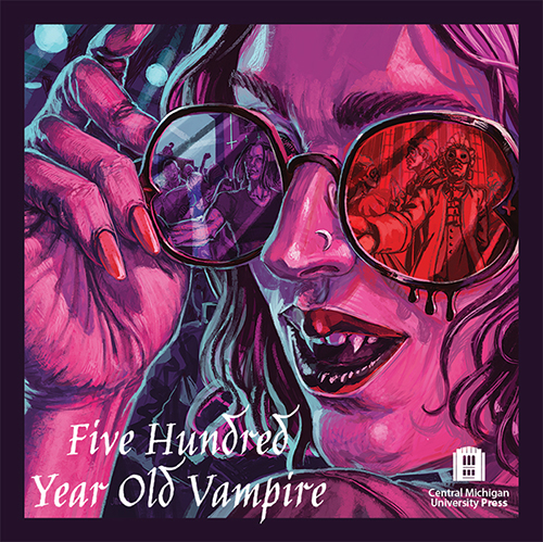 Closeup image of vampire wearing sunglasses as cover art for the game 500 Year Old Vampire by Central Michigan University Press.