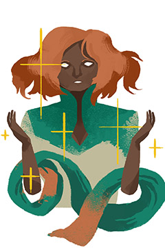 Card art from the game Keep the Faith, by the artist momatoes, showing a woman wearing green and holding up her hands.