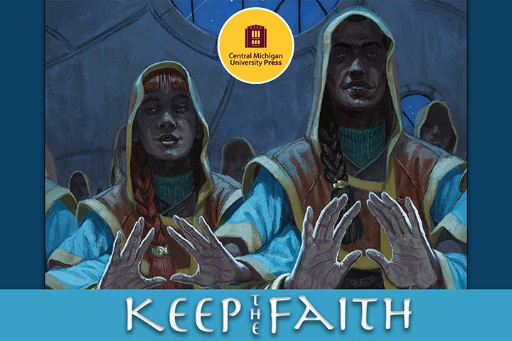 Cover to the game, Keep the Faith, with artwork by Jabari Weathers, showing a pair of religious adherents, hands outstretched while taking part in a faith ritual.”