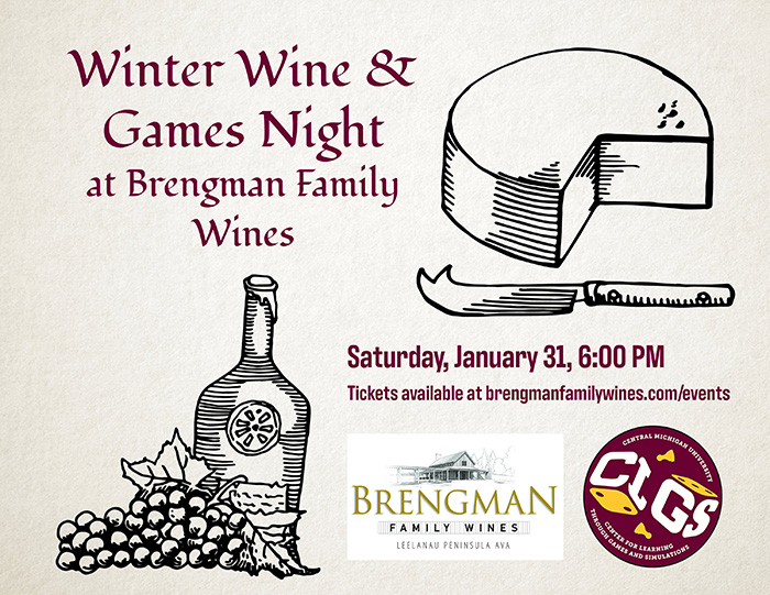 Graphics showing grapes and wine bottle and a cut cheese wheel and the CLGS logo with information about the Winter Wine & Games Night at Brengman Family Wines January 31, 2026.