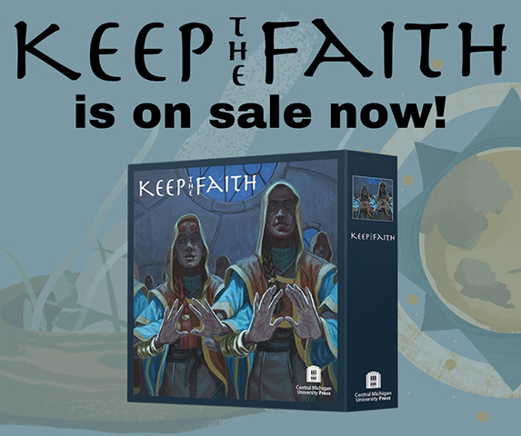 Image of cloaked figures holding their hands in front of them with artwork for the game Keep the Faith