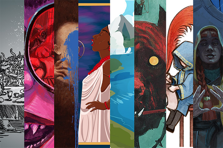 Game_covers_collage_CMICH_Press_720x480 Collage of 8 game covers published by CMich Press that include figures wearing cloaks and vampire teeth and beasts.