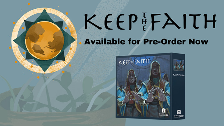 Image of cloaked figures holding their hands in front of them with artwork for the game Keep the Faith