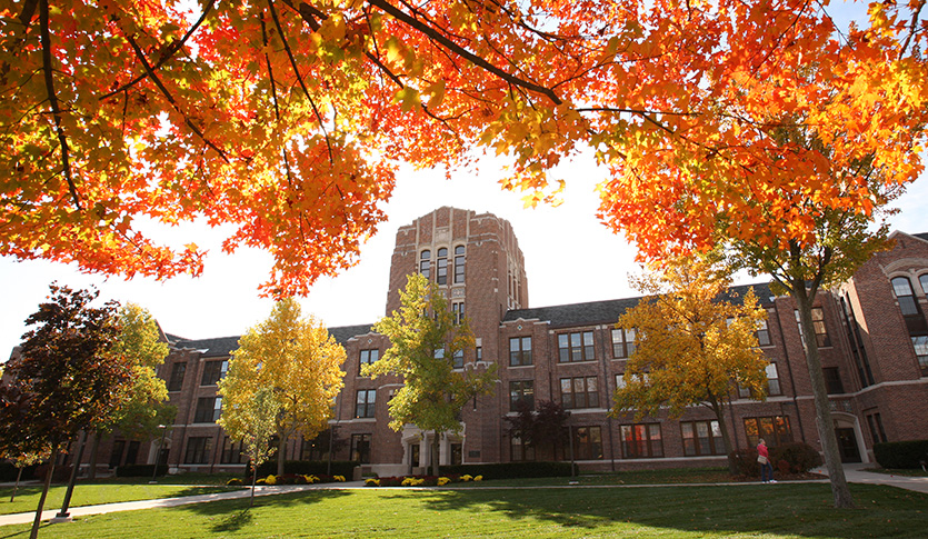 Image of trees near Warriner Hall showing fall colors.