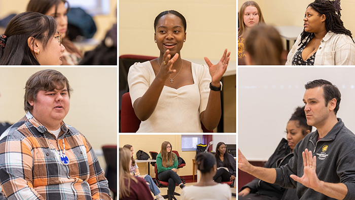 Photo collage of dialogue facilitators from the Institute for Transformative Dialogue speaking and listening in various campus classrooms.