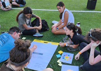 NextGen students sitting together on a green turf field writing ideas on a large pad of paper laying on the ground between them.