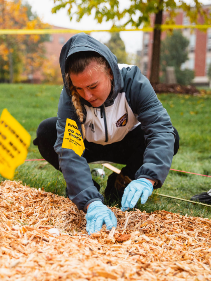 female student in a hoodie wearing blue medical gloves and kneeling near a pile of wood chips for a mock crime scene anthropology project