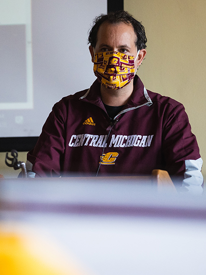 Lane Demas conducts Modern History class from Powers Hall