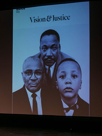 A projected image showing Dr. Martin Luther King Jr.