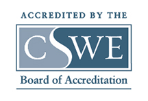 Logo in blue and white text Accredited by the Council on Social Work Education (CSWE) Board of Accreditation.