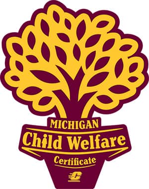 Maroon and Gold Logo of Potted Tree with Gold Text Michigan Child Welfare Certificate