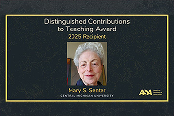 Closeup image of Mary Senter with a black background and gold border to announce the 2025 ASA Distinguished Contributions to Teaching Award.