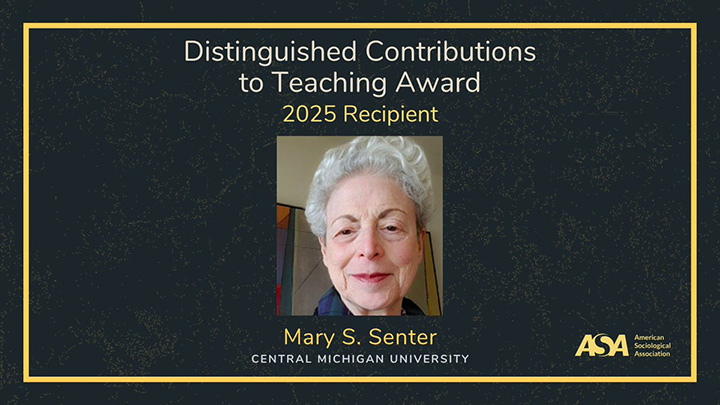 Closeup image of Mary Senter with a black background and gold border to announce the 2025 ASA Distinguished Contributions to Teaching Award.