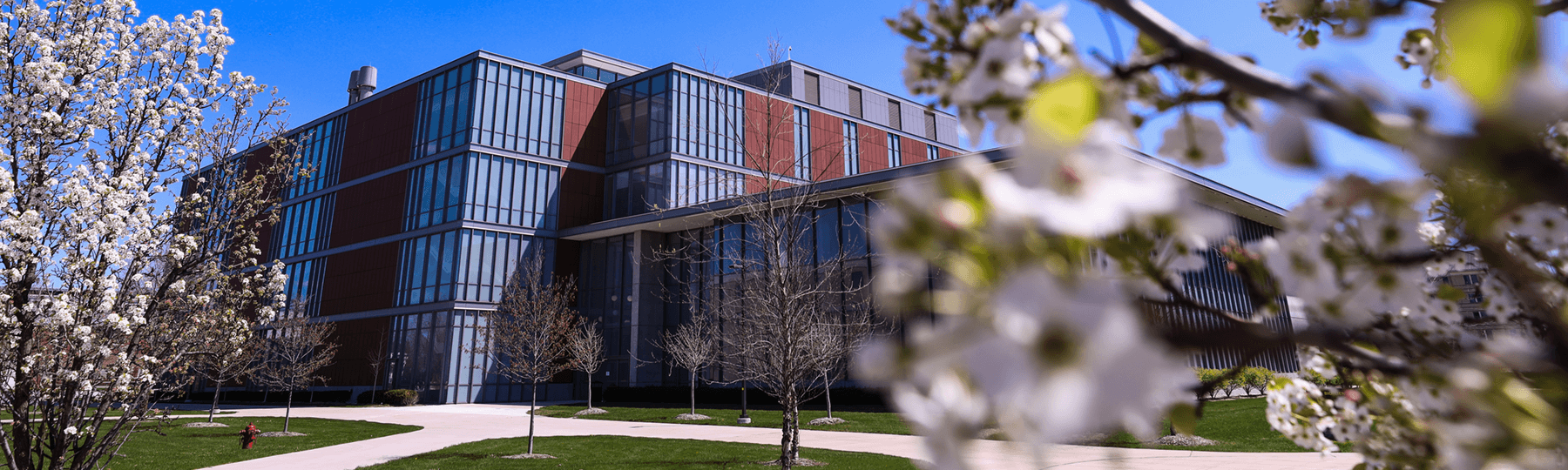 The Biosciences Building on Central Michigan University's campus in the spring.