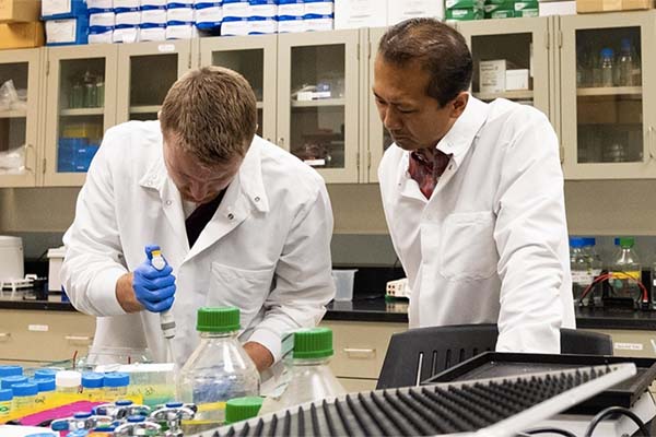 Student and professor creating samples for cell examination.