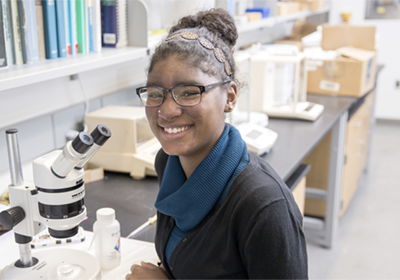 Biology student, Starr Walker, in the one of the biology labs at Central Michigan University.