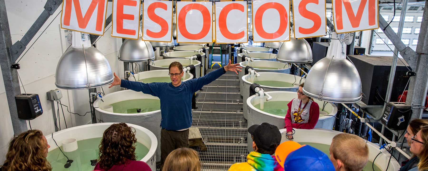 Faculty member sharing Mesocosm facility with group of students.