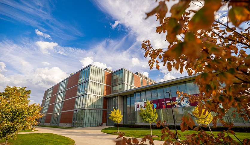Exterior view of the Biosciences Building in the Fall.