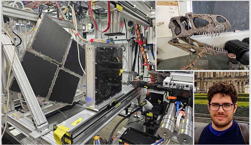 A collage of Dr. Buno Kerber standing outside, a dinosaur skull fossil and equipment in a particle accelerator lab.