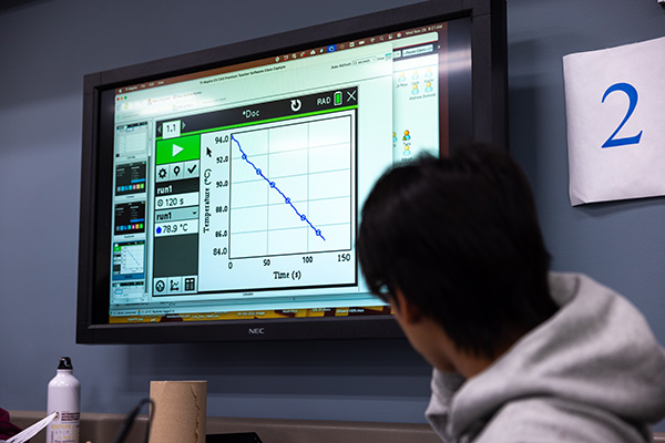 a person looking at a large screen with numbers and a graph on it