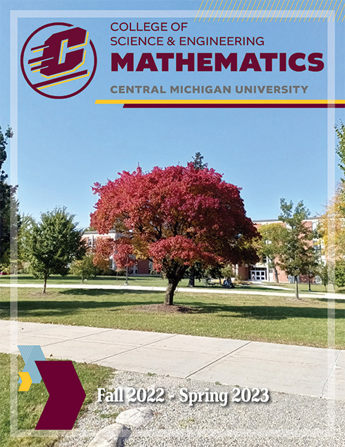 Cover of the 2022 Mathematics Newsletter. the words College of Science and Engineering - Mathematics on the top. An outdoor scenic picture of a tree with Pearce Hall in the background. The words Fall 2022-Spring 2023 on the bottom.
