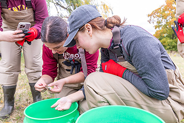 A group of women in overalls looking at a small fish.