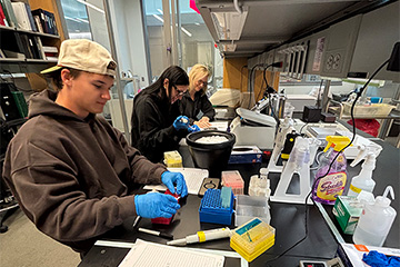 three people at a long lab table working with scientific samples.