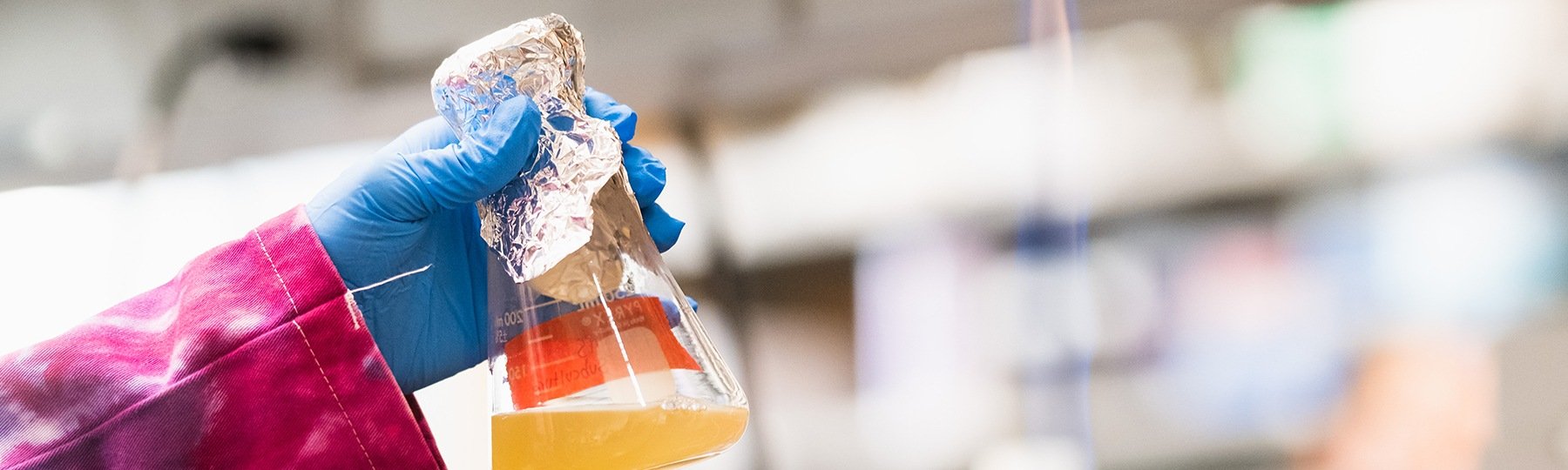 Hand holding a beaker in a chemistry lab.