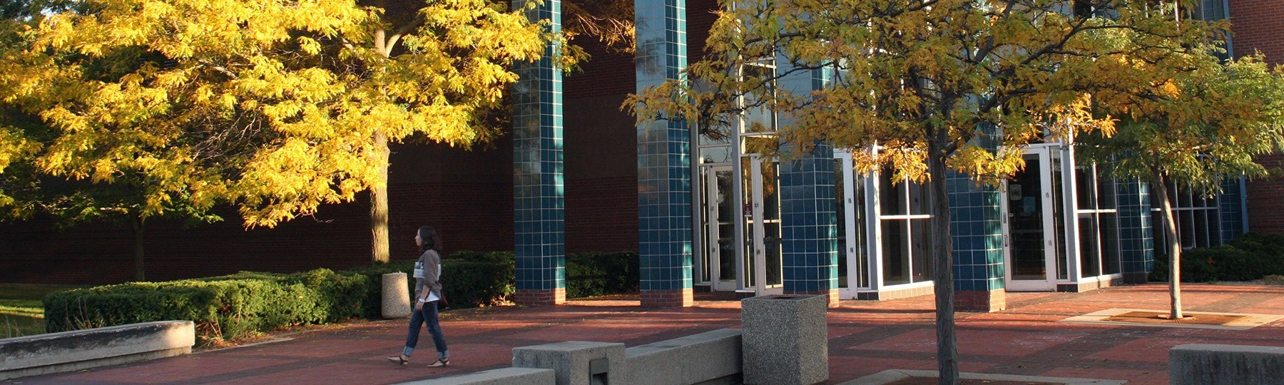 a building with blue columns and trees