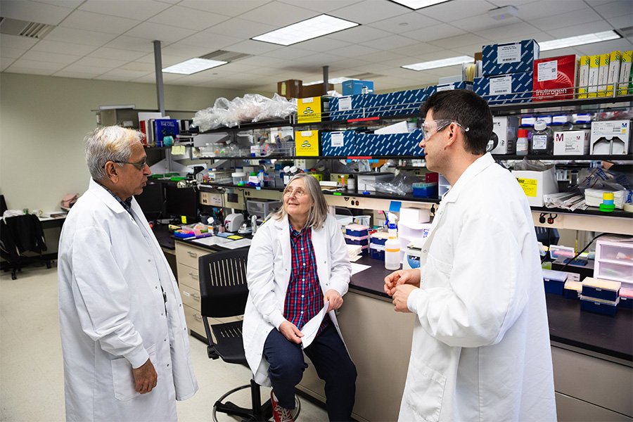 Two men and one woman wearing lab coats talk to each other in a research lab on campus.