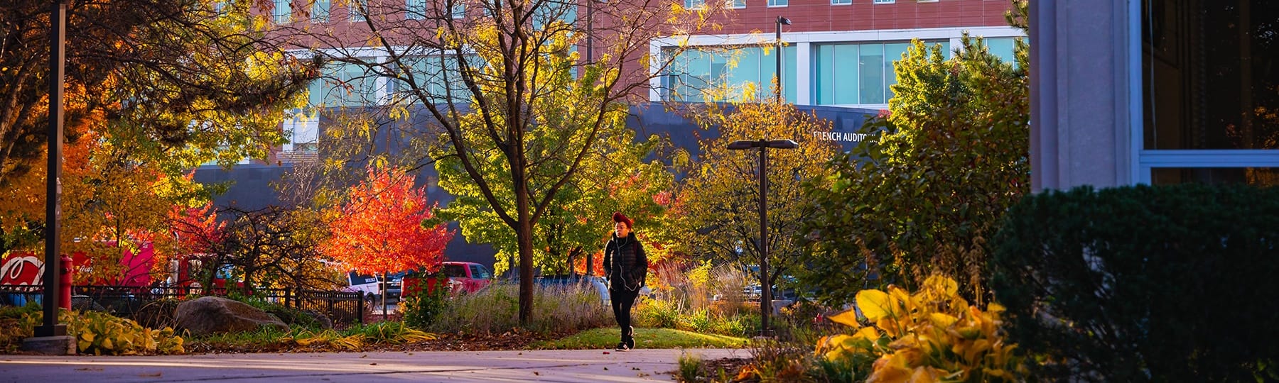 A student walking on campus during fall.