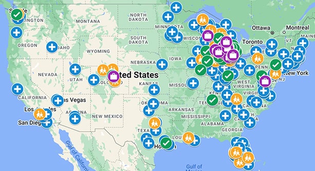 Map of the United States with markers of community engagement partnership locations.