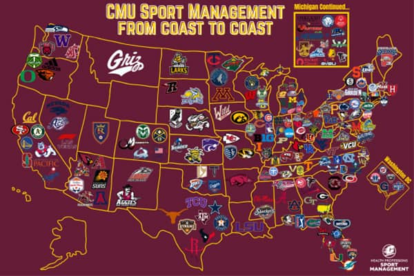 Sport Management Alumni Map 600x400 A gold outlined map of the United States of America on a maroon background titled CMU Sport Management from coast to coast. Athletic logos from collegiate and professional sports teams are found in their respective states throughout the map.
