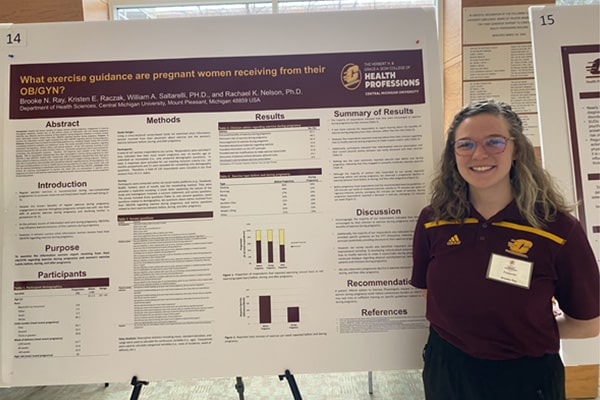 A student presenting a poster at the College of Health Professions Research Symposium.