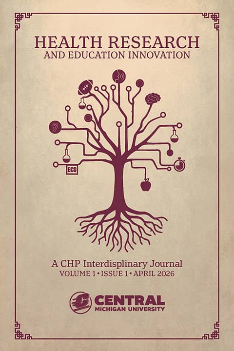 A gold CHP Interdisciplinary Journal cover with a maroon border and geometric corner designs. A maroon tree, roots, and branches with health-based icons on their ends is centered with Central Michigan University and the circle action C near the bottom.