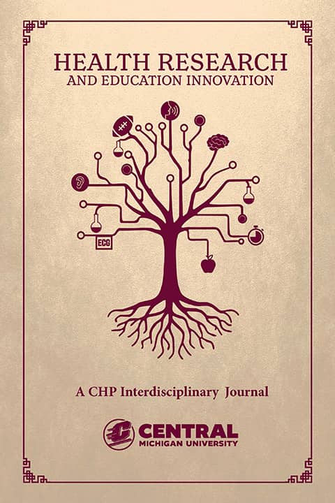 A gold CHP Interdisciplinary Journal cover with a maroon border and geometric corner designs. A maroon tree, roots, and branches with health-based icons on their ends is centered with Central Michigan University and the circle action C near the bottom.