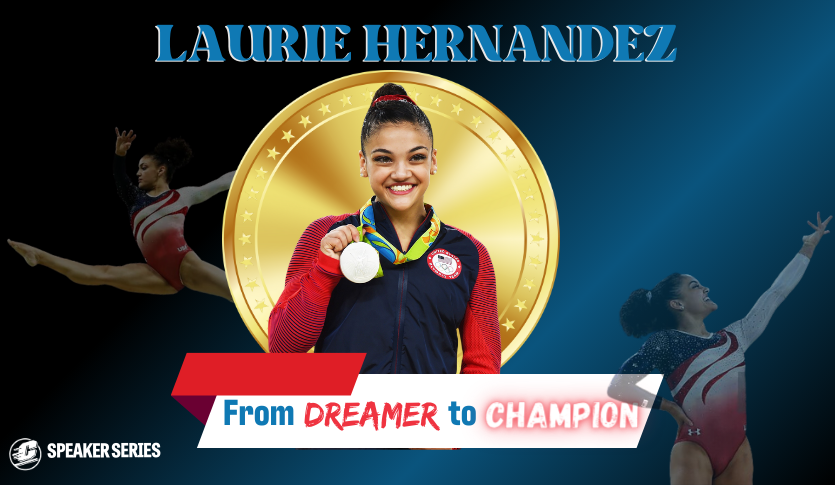 CMU Speaker Series: Olympian Laurie Hernandez in front of a gold medal with a title on the bottom "From Dreamer to Champion"