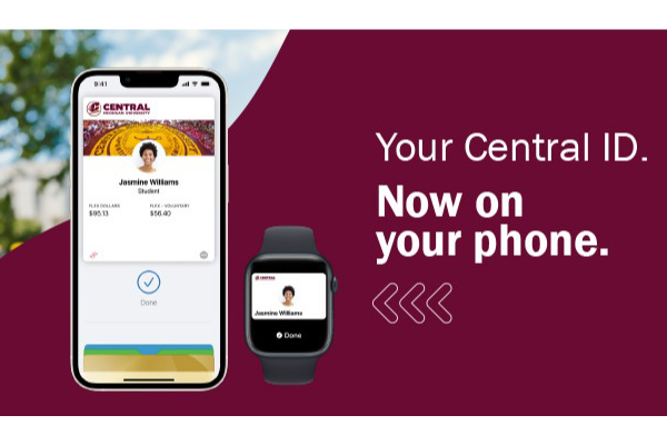 A graphic with an image of a phone and watch that says that Your Central ID. Now on your phone, with maroon and white text and three arrows pointing to the devices.